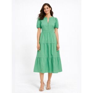 LOFT Puff Sleeve Tiered Midi Dress